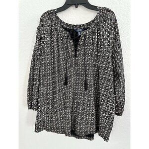 CHAPS Women Lightweight Black Cotton Blend Tunic‎ 3/4 Balloon Sleeve Geo XXL